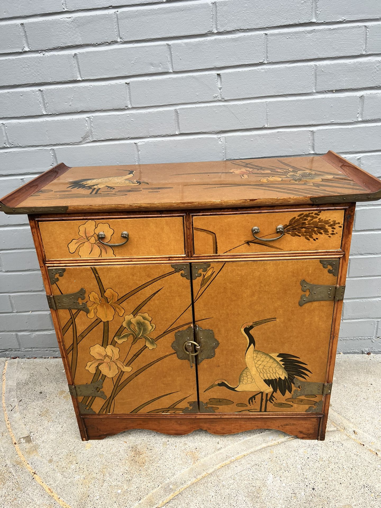 Asian Chinoiserie 2-Drawer Decorated Cabinet, circa 1970s