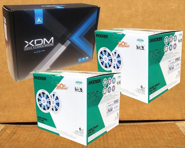 JL Audio XDM 4 Channel Marine Power Amplifier Kicker 2-Sets 6 1/2" 2-Way Coaxial LED Speaker System 300 Watts Package 🚨 Payment Options Available 🚨