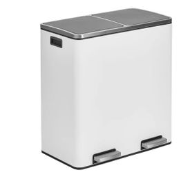 mDesign Metal Steel 60-Liter Large Dual Compartment Step Trash Can - Color-  White  Not used came with stains on top of lids- cash only  Pickup only (