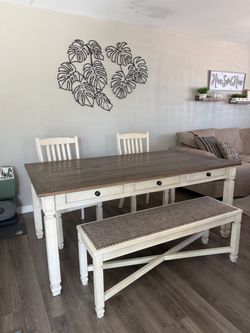 6-Drawer Farmhouse Dining Table Set (Table, Bench, 2 Chairs) (Ashley Furniture "Bolanburg")