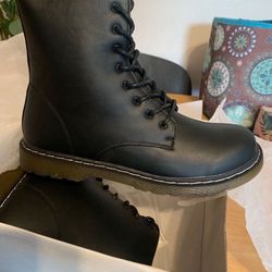 Black Faux Leather Combat Boots 
