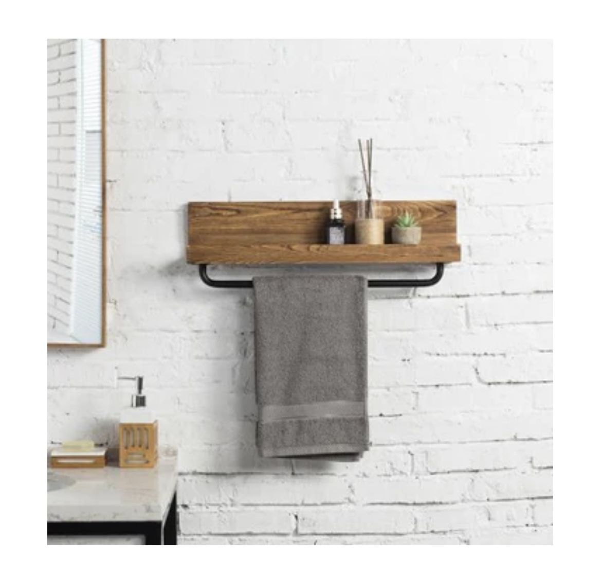 Wood & Metal Pipe Shelf with Towel Rack