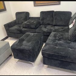 New Sectional With Black Storage Ottoman And Free Same Day Delivery, Pay Cash On Arrival 