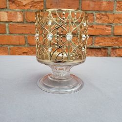 Bath & Body Works GLASS BASE GEMS GOLD-TONE PEDESTAL LARGE CANDLE HOLDER (2)