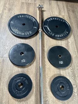   Los Angeles Paramount / Hollywood Standard Plates (plus 10s and 5s)  & 6 ft Standard Gently Used Bar [Total: 100 lbs].