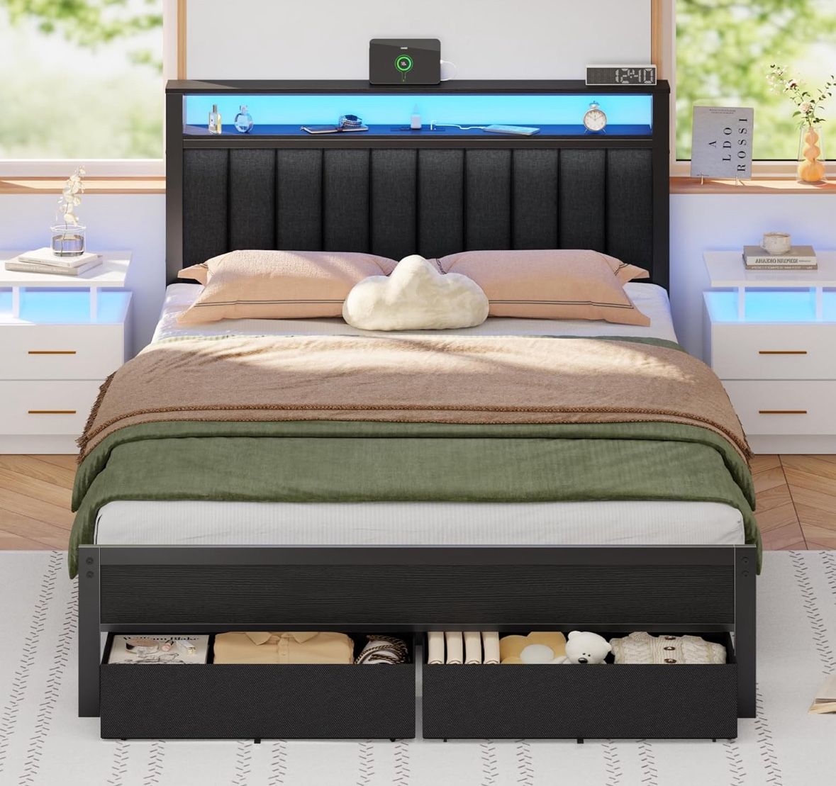 BRAND NEW Queen Bed Frame with Charging Station and LED Lights, Grey Upholstered Headboard with Shelves, Metal Platform Bed with 2 Under-Bed Storage (