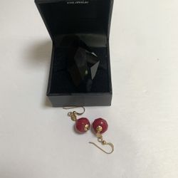 Costume Jewelry Lot - Red Bead Dangle Earrings & Black Stone Ring