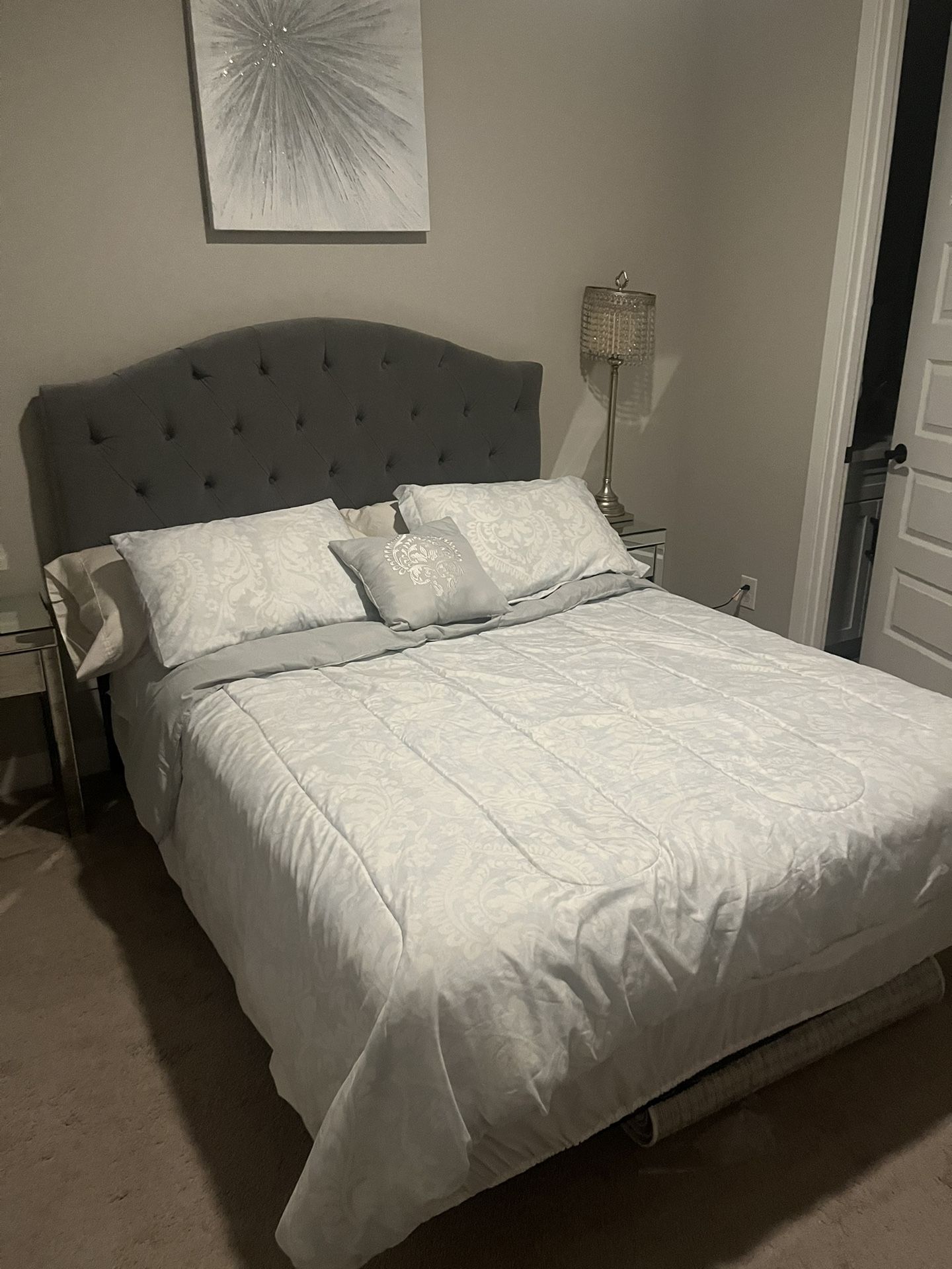 Grey Upholstered Headboard, Bed Mattress & Frame