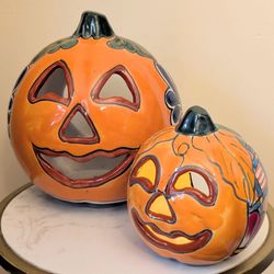 Ceramic Jack o lantern Talavera Halloween Pumpkin Candle Holder Made in Mexico