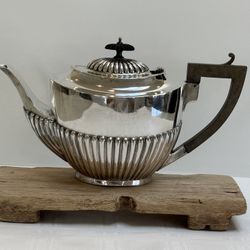 Antique Edwardian Silver Teapot Oval Shape Gadrooned Bottom Ebony Handle & Finial ISG EPNS