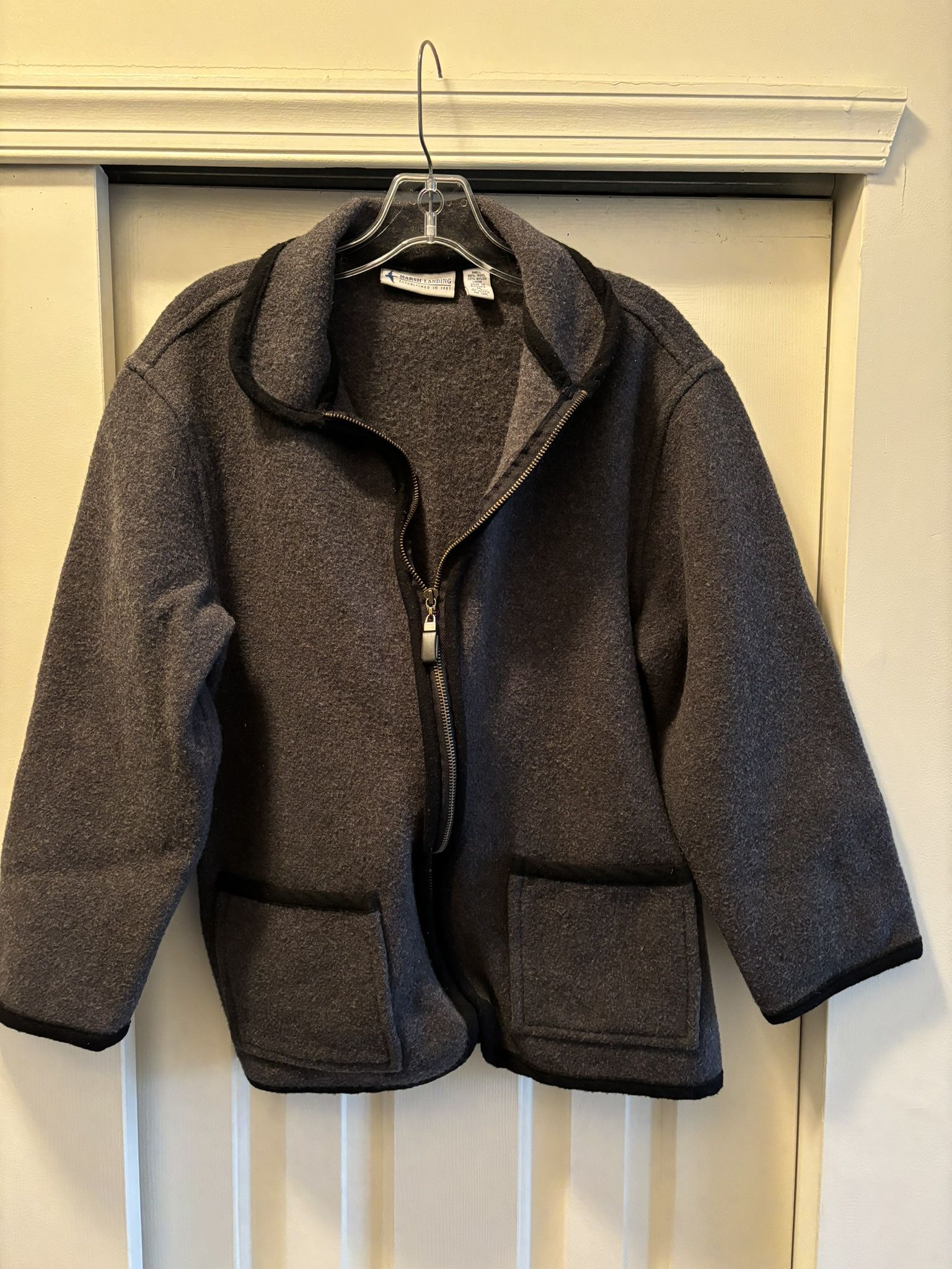 Woman’s Wool Jacket, Marsh Landing, medium, gray, zippered, collar, very good condition.