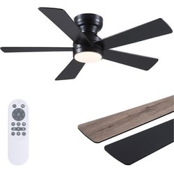 Black Ceiling Fans with Lights - 46" Flush Mount Ceiling Fan with Remote and 5 Reversible Blades, 3CCT Dimmable, 6 Wind Speeds&2H Timer, Indoor Low Pr