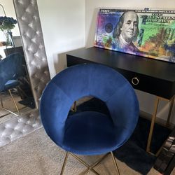 Blue Velvet Chair & Black Desk W/Gold Trim