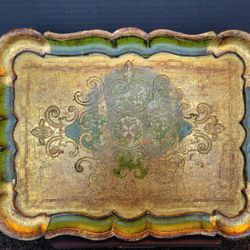 Vtg Rectangular Italian Florentia Gold Green Decorative Tray Scalloped Edges 15"