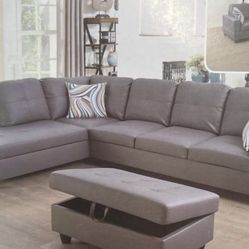 Grey Leather Sectional Couch And Ottoman 