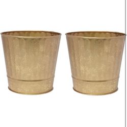 Hosley Metal Planters Pack of 2, Ideal Farmhouse Decor for Floral Arrangements Weddings, Gift Special Events Parties Outdoor Planters Gold 5" Dia x 4.