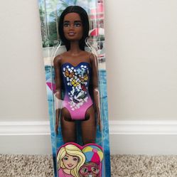 Brand new! Barbie Beach Doll in Purple Butterfly Swimsuit with Straight Black Hair