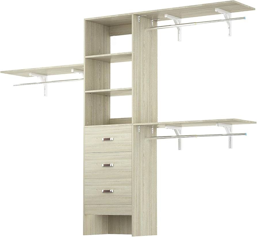 8FT Closet System, 96'' Closet Organizer System with 3 Hanging Rods, Wall Mount Bedroom Wardrobe with 3 Drawers Walk-in Closet, Adjustable Garment Rac