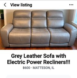 🛋️ BEAUTIFUL GREY LEATHER POWER RECLINING SOFA — LIKE NEW!