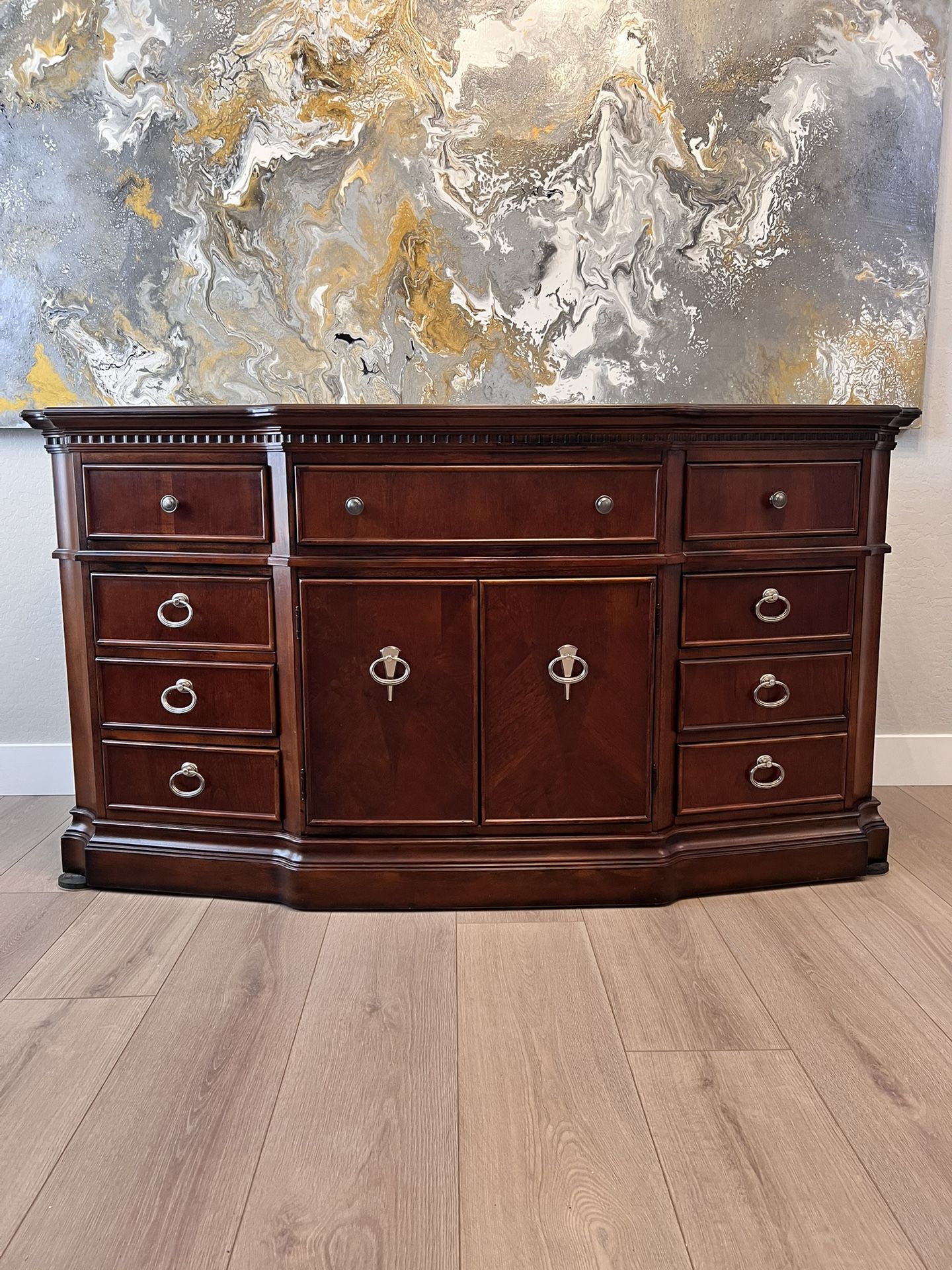 71” Wide 38” Tall Ornate Mahogany Brown 11 Dovetail Drawer Dresser Credenza