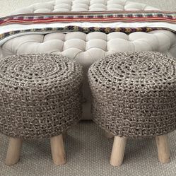 Set of 2 Farmhouse Coastal Stool Ottomans with Wood Legs