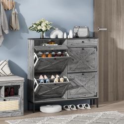 Large Shoe Cabinet With 4 Flip Drawers, Freestanding Shoe Cabinet Organizer With Metal Drawer Bracket, Shoes Storage Cabinet For Entryway, Narrow Shoe