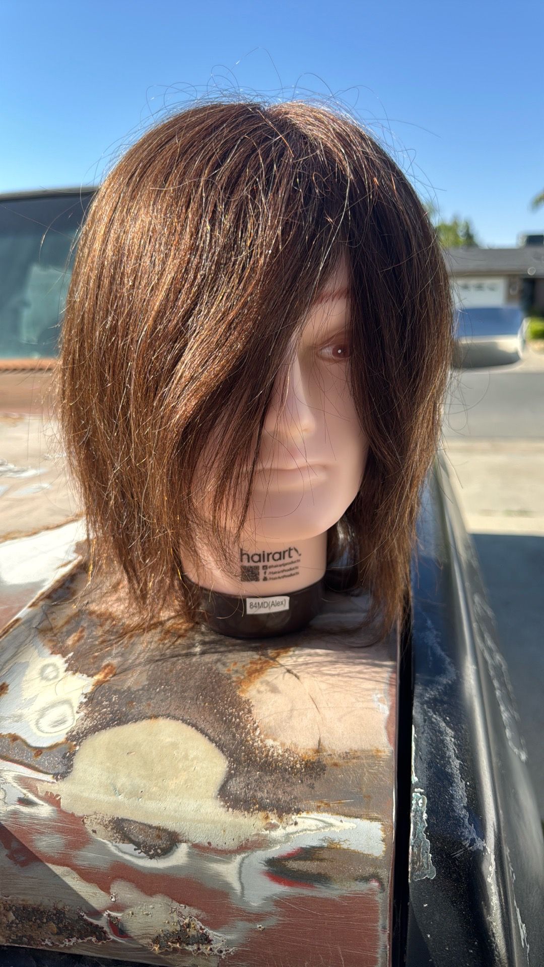 Mannequin head for man haircutting practice.