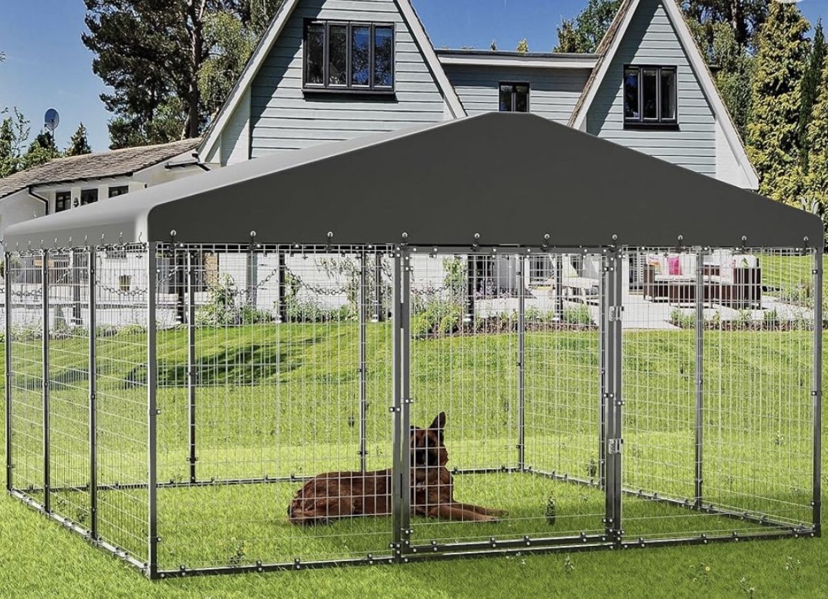 Large Outdoor Dog Kennel,W 118" x D 118" x H 70" with Fully Covered Roof,Rustproof Outdoor Dog Fence with Double Security Locks,UV and Waterproof Cove