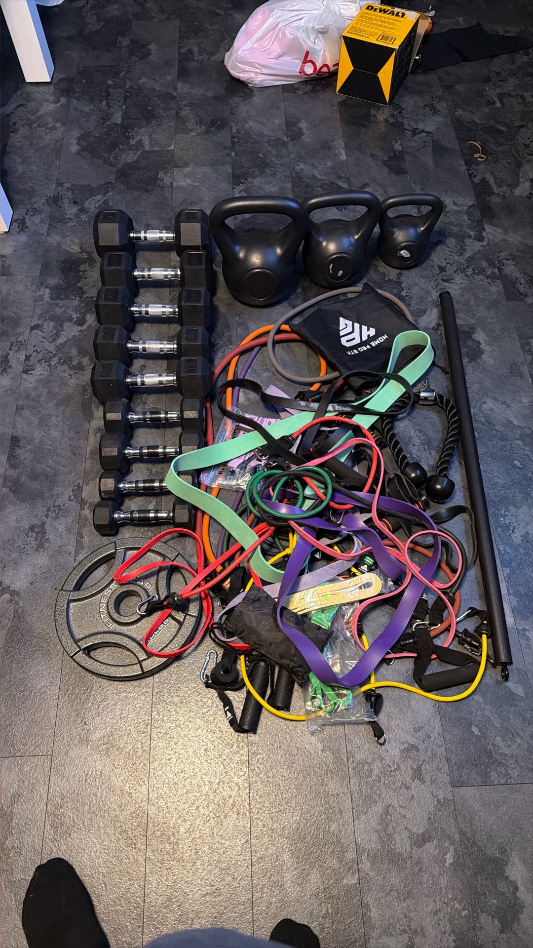 Resistance bands, Dumbbells, Kettle