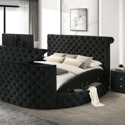 Voltare Black king  Upholstered Fireplace Bed with TV Lift. 💢 Cama de chimenea tapizada king  negra con elevador de TV 