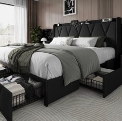 New King Size Bed Frame with 4 Storage Drawers and Charging Station, Upholstered Platform Bed Frame with Storage Headboard, No Box Spring Needed, Easy