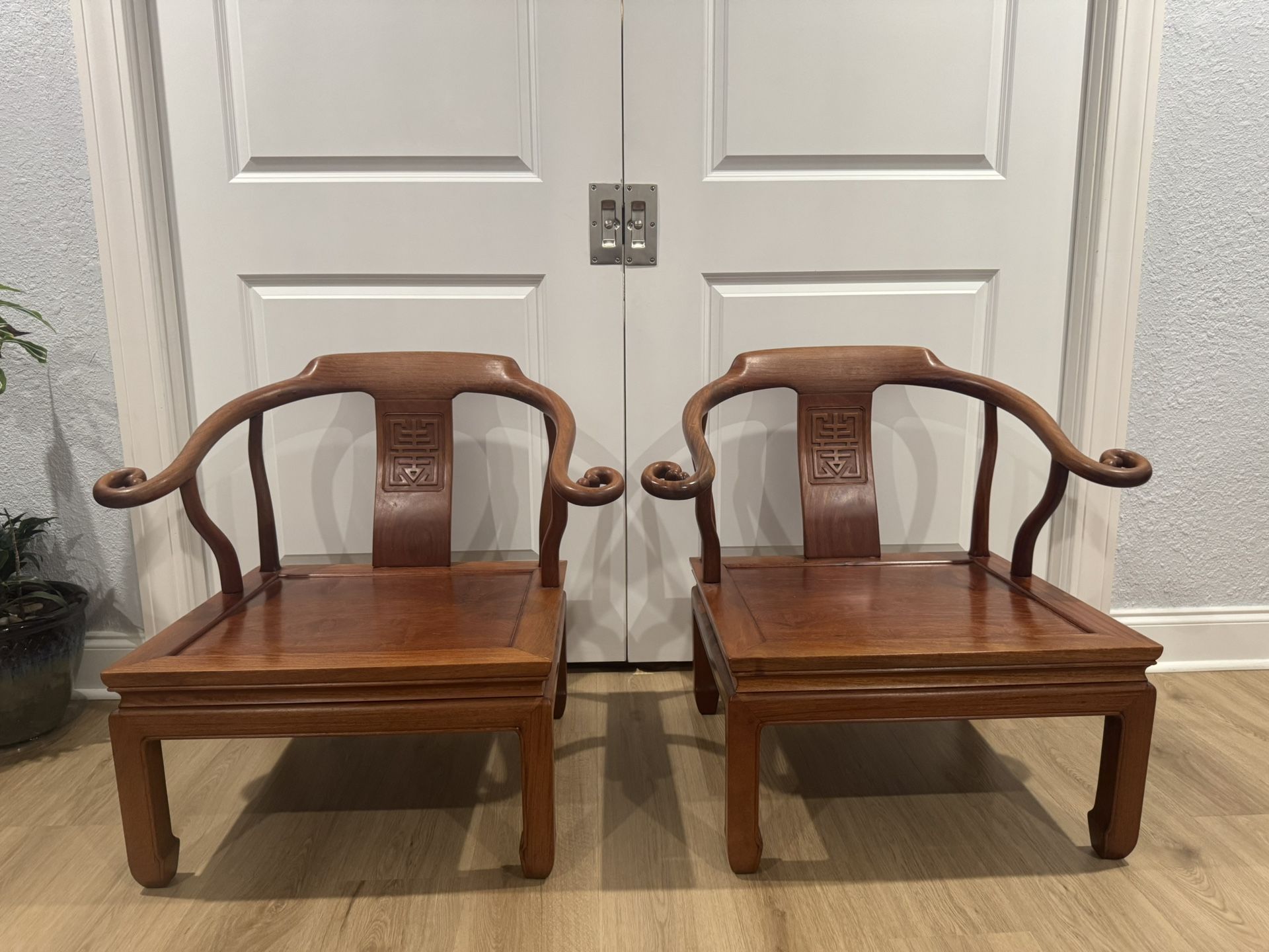 Vintage Oriental Solid Teakwood Yoke Back Low Chairs and cushions - Pair