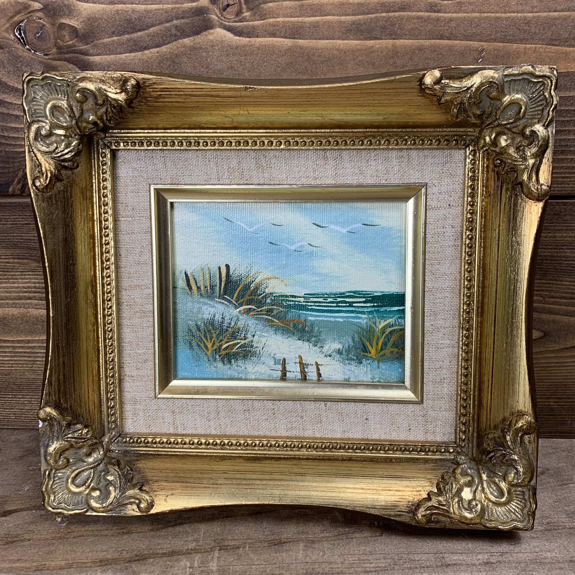 Small Vintage Blue Toned Seascape Painting in Ornate Gold Frame (8” x 9”)
