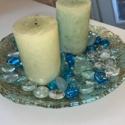 Aqua Blue Candle, Beautiful Centerpiece, Stone Plate, Gold for spa or patio , sea colors beautiful