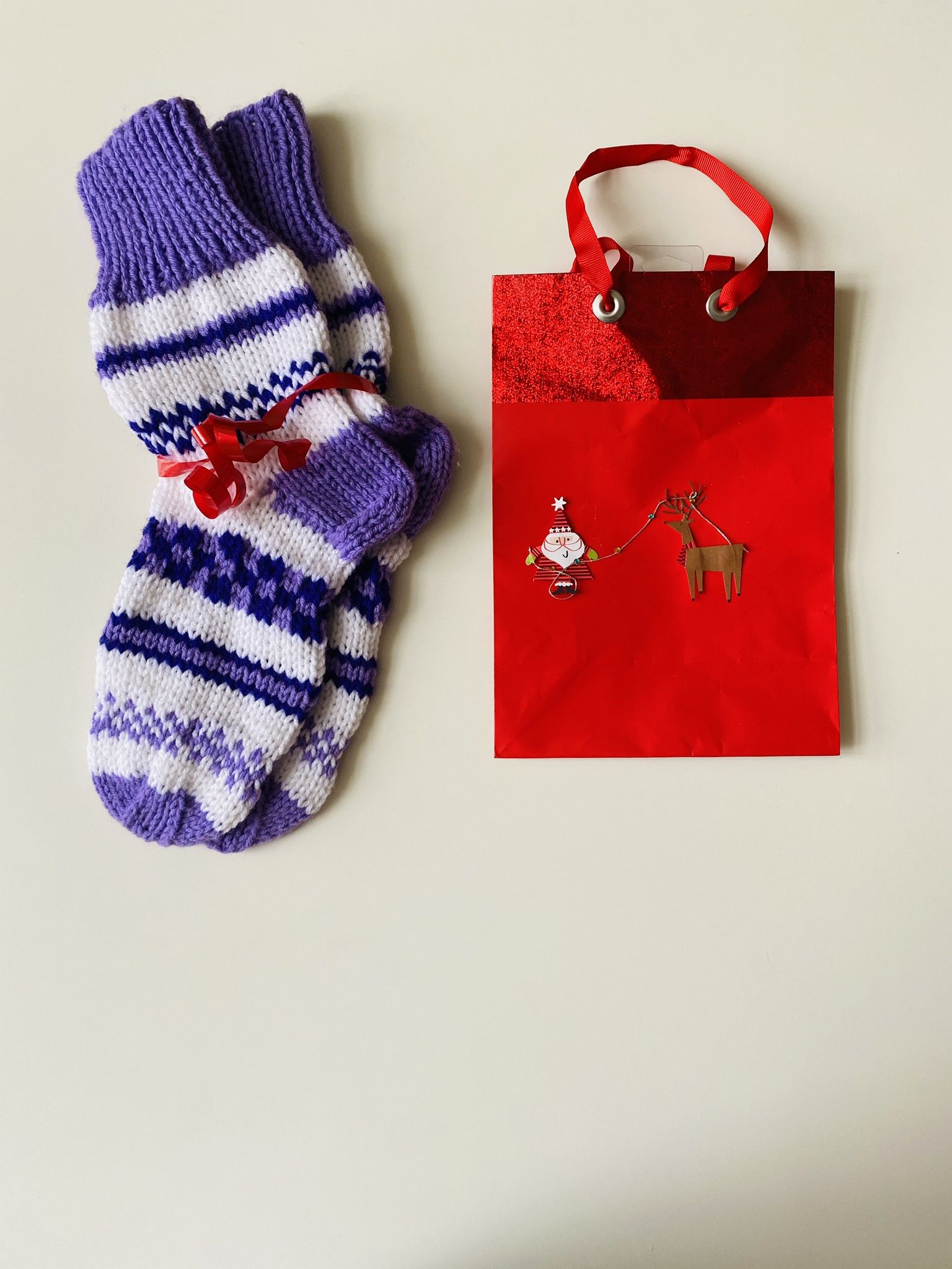 Unique gift. Single copy. For Her: size 8-10, or for Him: size 9-10. Warm and cozy hand knitted socks. 100% acrylic. They come in a special gift bag.