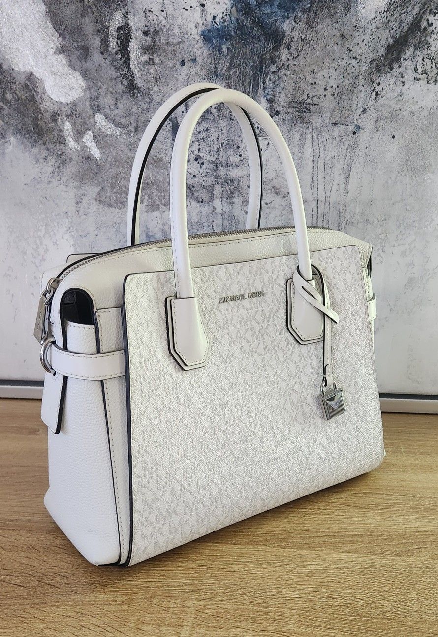 Michael Kors Medium White Logo Leather Satchel Purse with Silver-Tone Lock