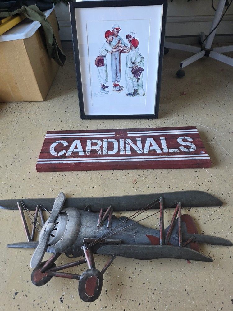 Baseball & Vintage Decor Set – Cardinals Sign, Norman Rockwell Print & Metal Airplane 🖼
