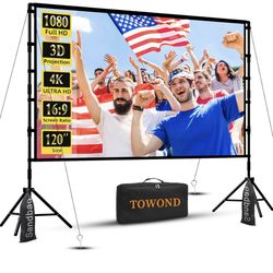 New in box! 120in* 71 Outdoor Projector Screen with Stand, TOWOND 120 inch Projection Screen, Movie Screen 16:9 HD Foldable Anti-Crease Support Double