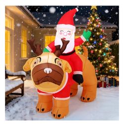 5 FT Christmas Inflatables Santa Clause Riding Pug Dog Outdoor Decorations Blow Up Yard Decor with LED Lights for Xmas Holiday Party Indoor Garden Law