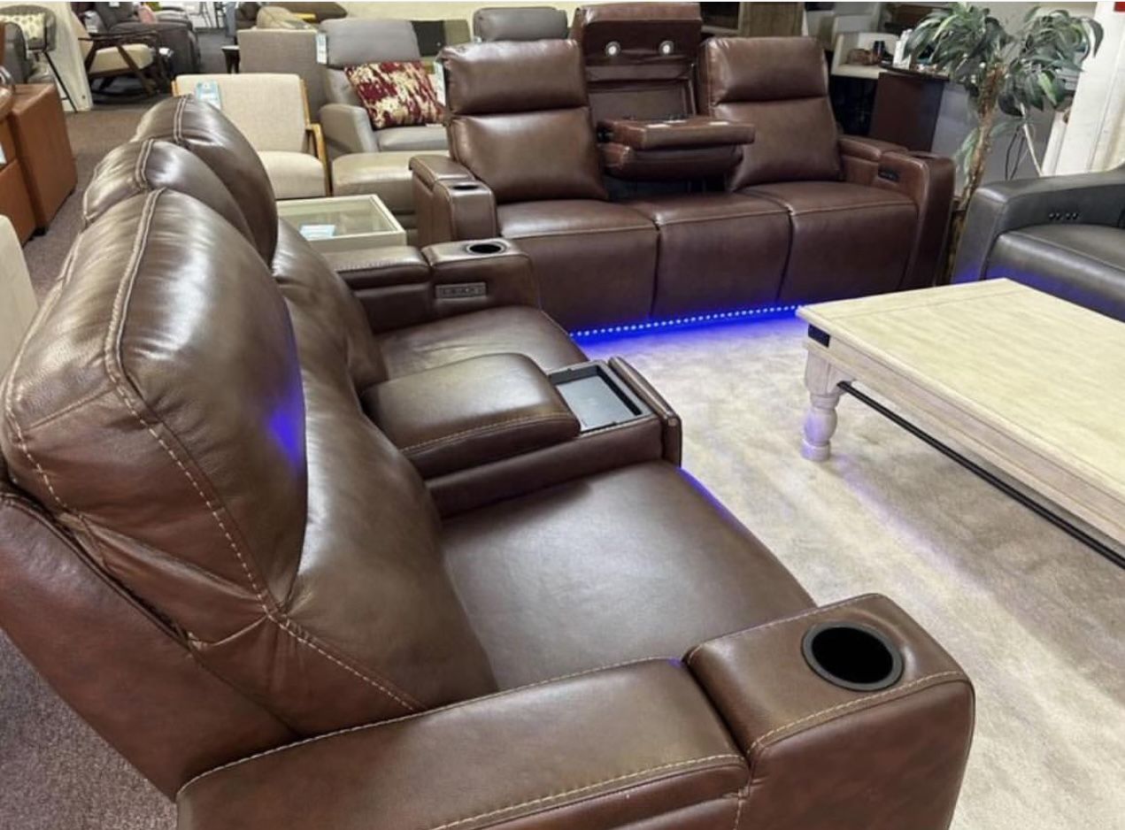 Furniture- Zero Gravity Real Leather Power Recliner Sofa- Greymel