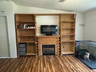 Rustic Log Wood Entertainment Center with Fireplace