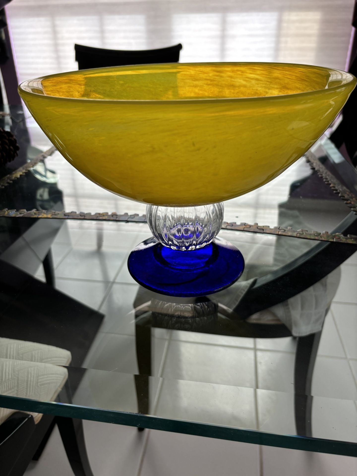 Kosta Boda Art Glass Fruit Bowl Compote Gunnel Sahlin Yellow & Cobalt Blue