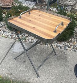 Folding table/ tray with metal base and wood top