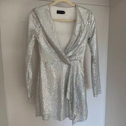 PLT Silver Sequin Plunge Blazer Dress