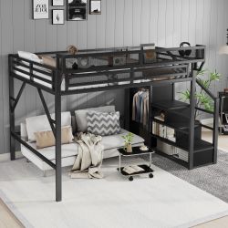Fenra Full Size High Metal Loft Bed with Stairs, Wardrobe and Side Shelf
