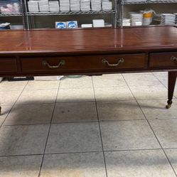 Traditional Executive Desk with Leather Inlay and Brass Casters