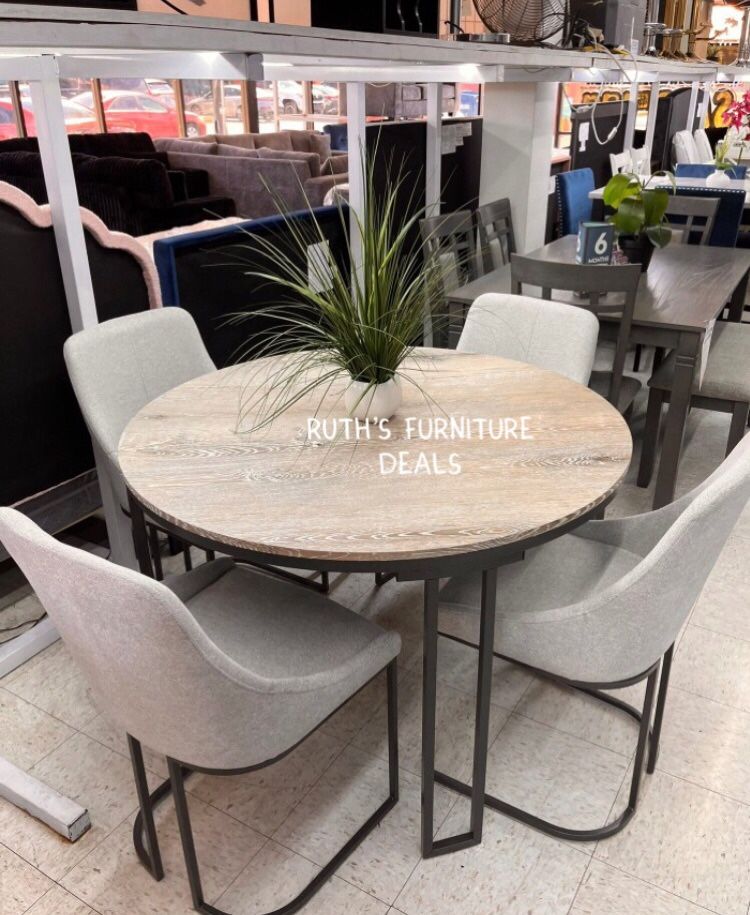 Modern 5-pc Round Dining Table Set With Grey Fabric Upholstered Chairs ...