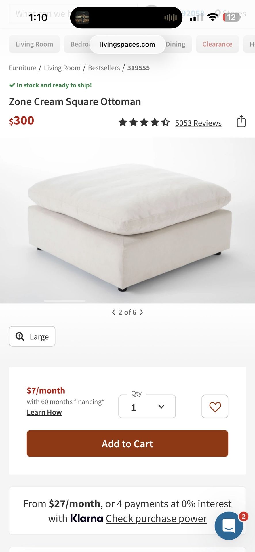 Living spaces Zone Cream ottoman