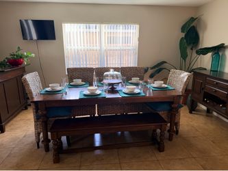 Wooden Dining Table and Bench (seats 8)