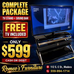 Three-piece TV stand sound bar free 55 inch TV included